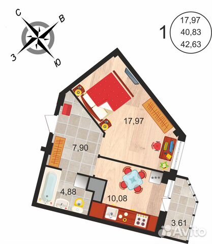 1-к квартира, 42.6 м², 3/20 эт.