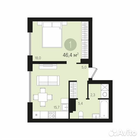 1-к квартира, 46.4 м², 2/10 эт.
