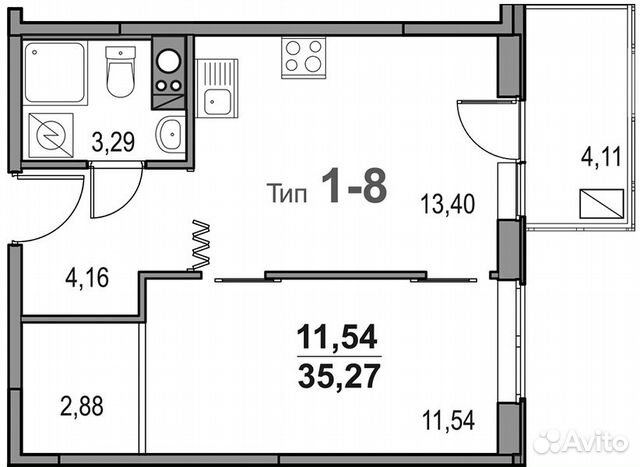 1-к квартира, 35.3 м², 7/9 эт.
