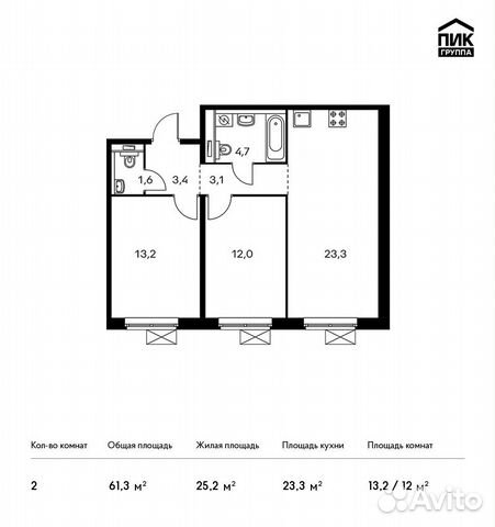 2-к квартира, 61.3 м², 14/16 эт.