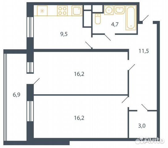 2-к квартира, 61.1 м², 9/9 эт.