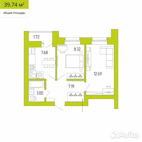 2-к квартира, 39.7 м², 3/8 эт.