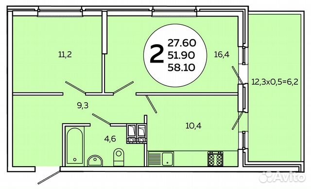 2-к квартира, 58.1 м², 18/19 эт.