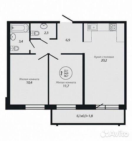 2-к квартира, 56.7 м², 13/19 эт.