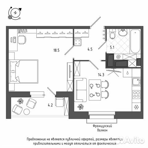 1-к квартира, 44.5 м², 10/12 эт.