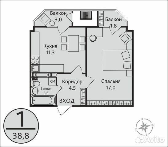 1-к квартира, 38.8 м², 10/15 эт. 1-к квартира, 38.8 м², 10/15 эт.