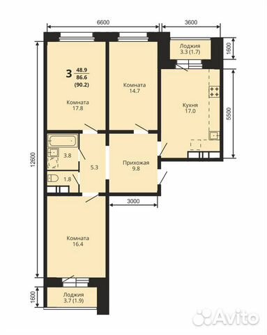 3-к квартира, 90.2 м², 7/10 эт. 3-к квартира, 90.2 м², 7/10 эт.