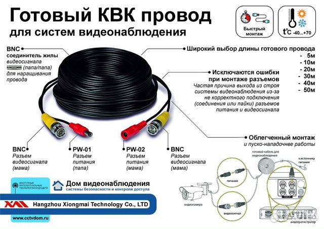 Готовый провод квк 10м для систем видеонаблюдения Готовый провод квк 10м для систем видеонаблюдения