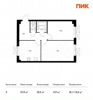 2-к квартира, 57.8 м², 5/33 эт.