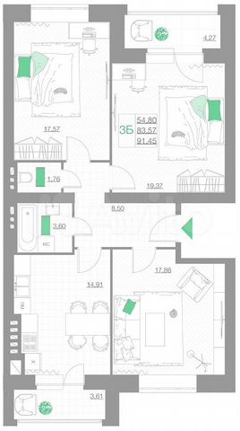 3-к. квартира, 91,5 м², 1/5 эт.