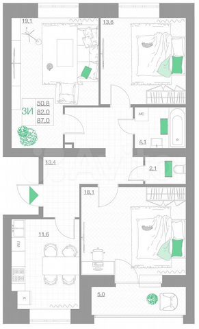 3-к. квартира, 87 м², 1/5 эт.