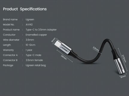 Переходник Ugreen Type C - 3,5mm (mini-jack, AUX)