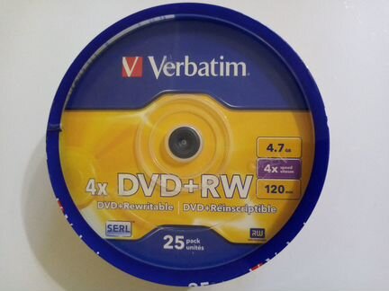 Диск DVD+RW Verbatim 4.7 гб, 4x, 25 шт., Cake Box