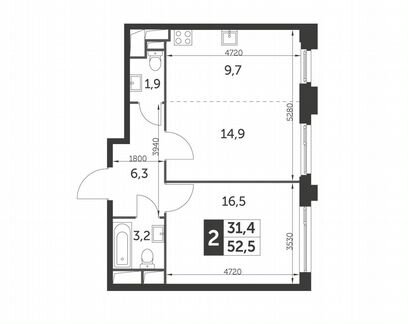 2-к квартира, 52.5 м², 16/26 эт.