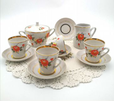 Сервиз кофейный, костяной фарфор. Ручная объёмная