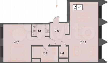 2-к квартира, 87 м², 3/6 эт.