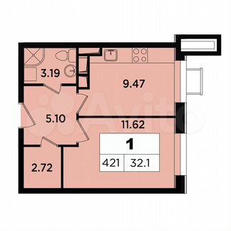 1-к апартаменты, 32.1 м², 14/18 эт.