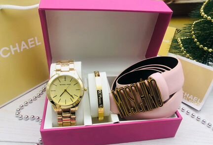 Розовый женский набор Michael Kors часы + ремень