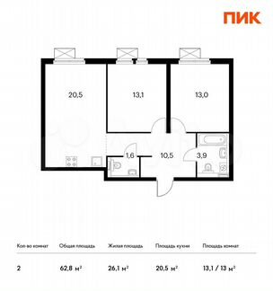2-к квартира, 62.8 м², 5/32 эт.